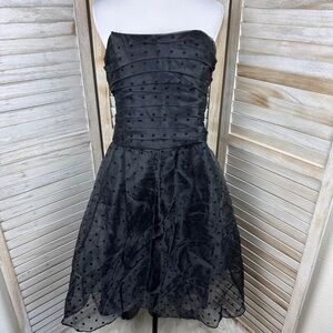Vintage 90s Black Velvet Dot Organza Strapless Whimsigoth Party Cocktail Dress